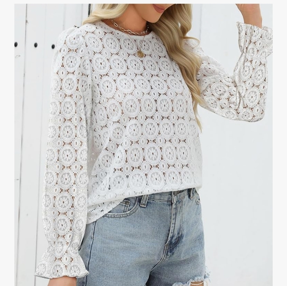 LUXVEER Long Sleeve Eyelet Shirts Lace Embroidered Blouses Dressy Casual - Picture 3 of 9